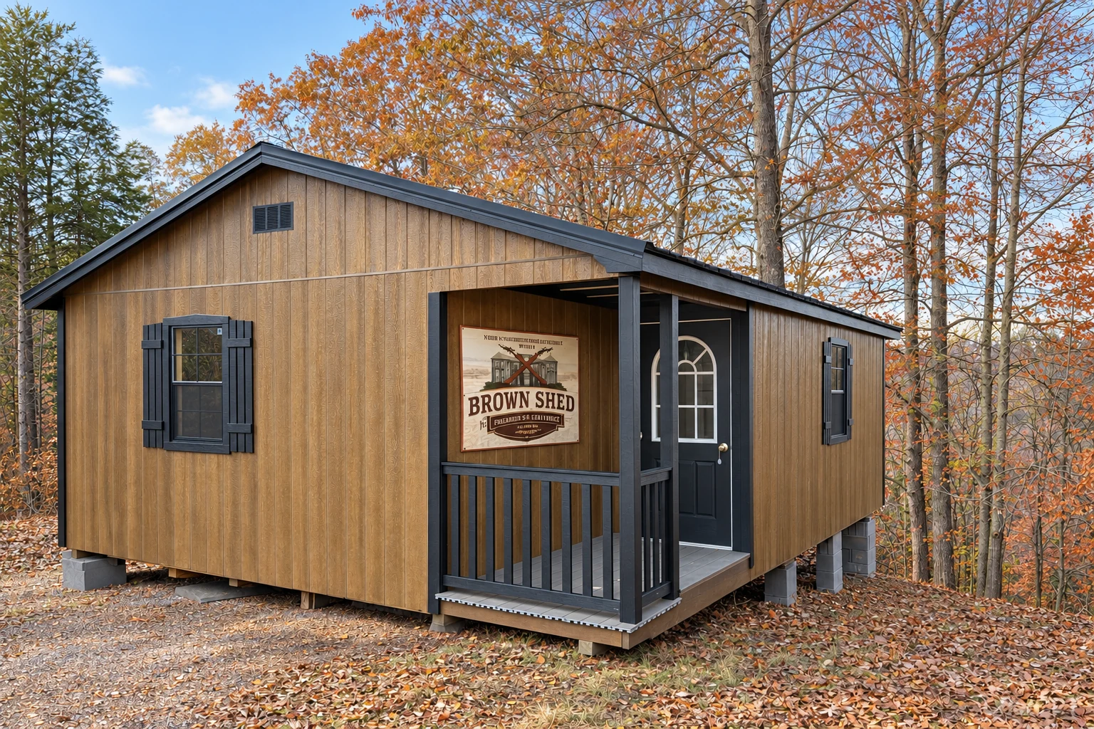 Exterior of Brown Shed FFL: a brown shed with black trim, a covered porch, and the Brown Shed sign among autumn trees.