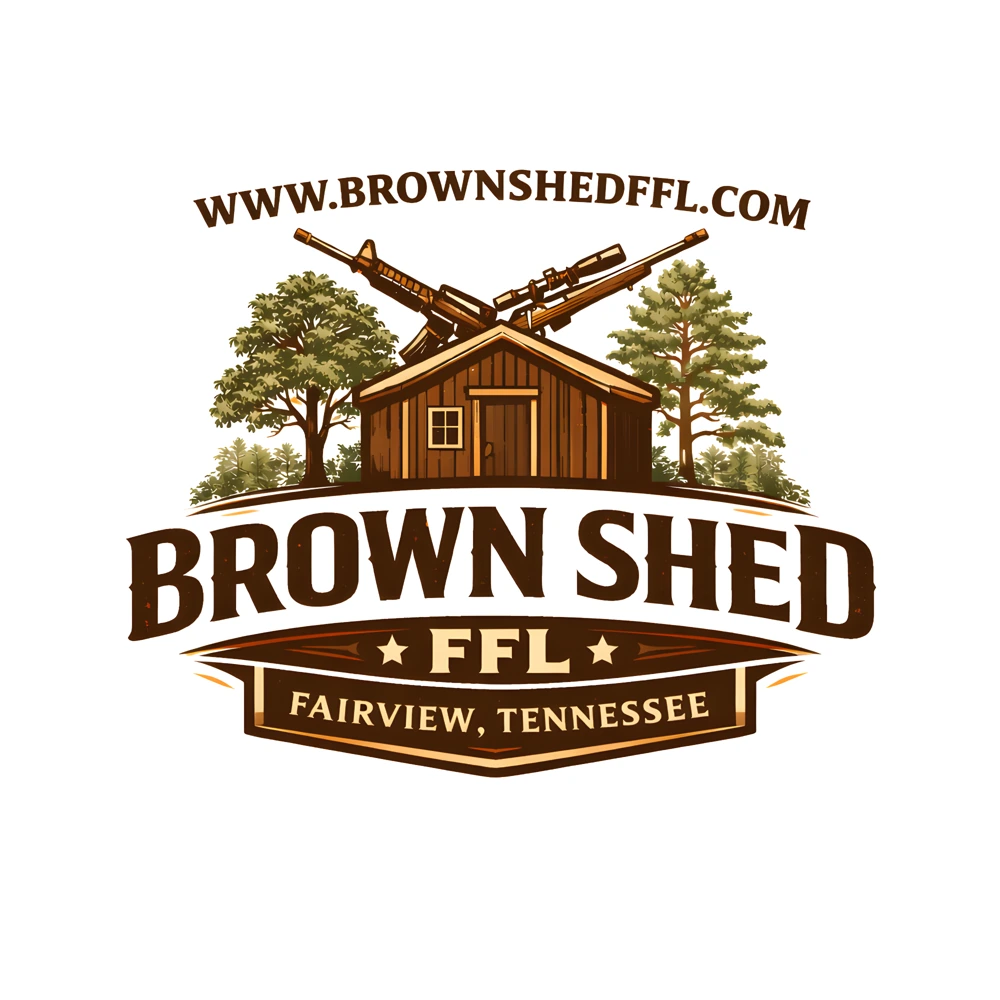 Original Brown Shed FFL logo: a wooden shed with trees, crossed rifles, and Fairview, Tennessee lettering